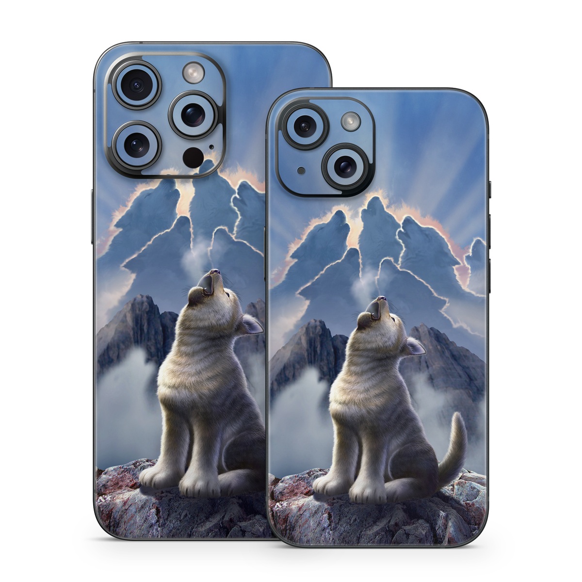 iPhone 15 Series Skin design of Sky, Cloud, Atmosphere, Rock, Wolf, Photography, Cg artwork, Illustration, Mountain, Mythology, with white, blue, gray, brown colors
