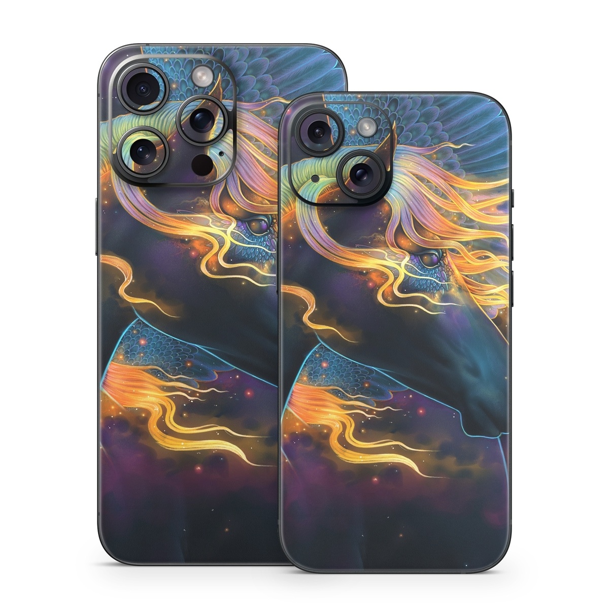 iPhone 15 Series Skin design of Organism, Astronomical object, Art, Electric blue, Space, Darkness, Liquid, Science, Graphics, Visual arts, with black, blue, yellow, white, orange, purple, red colors