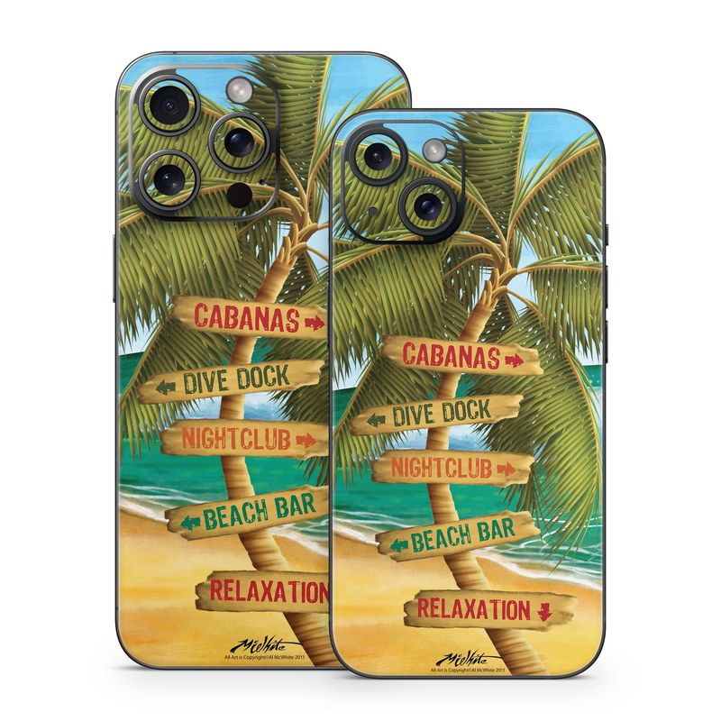 iPhone 15 Series Skin design of Palm tree, Arecales, Tropics, Tree, Caribbean, Wave, Water, Coconut, Ocean, Elaeis, with green, purple, gray, black, blue colors