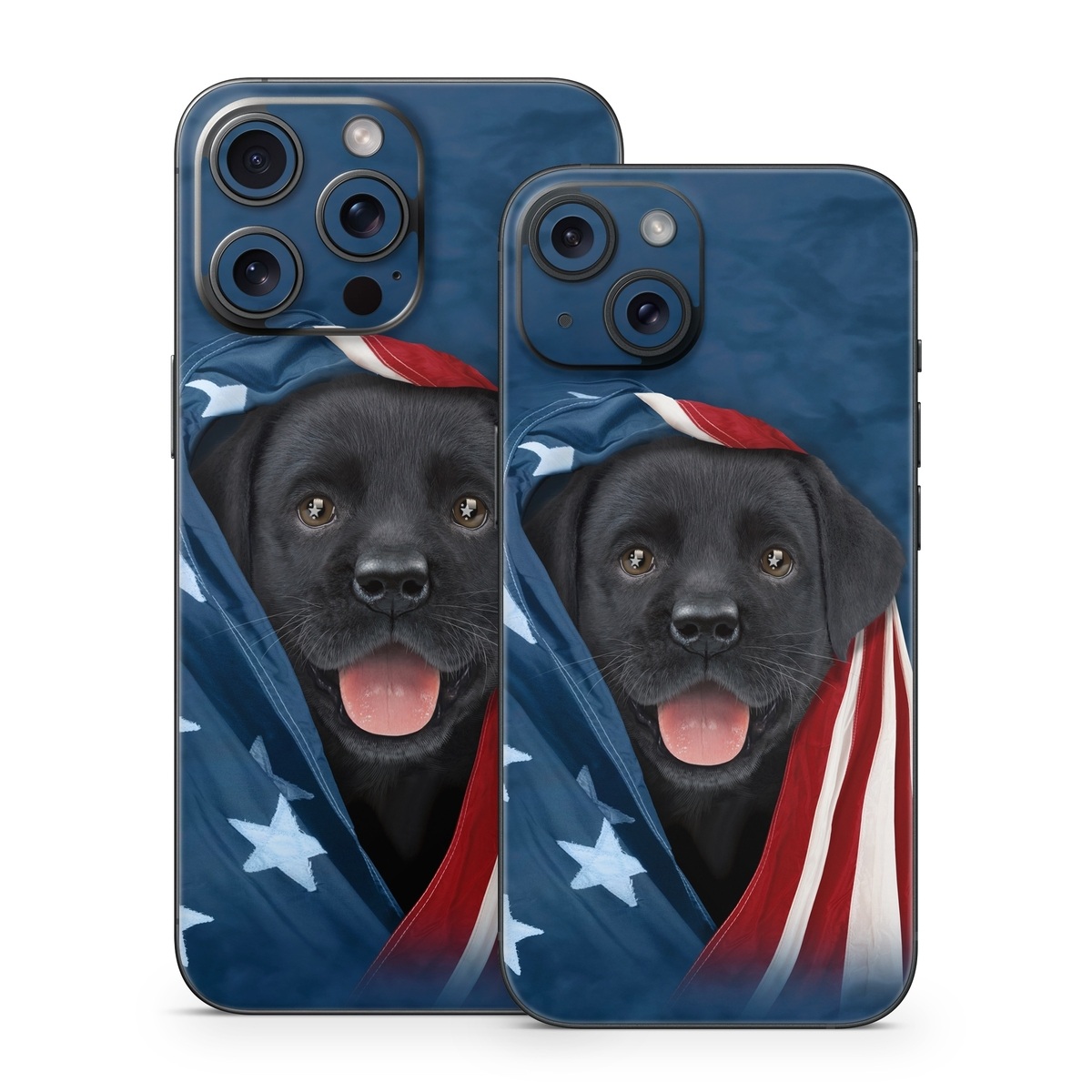 iPhone 15 Series Skin design of Canidae, Dog, Dog breed, Flag, Snout, Carnivore, Sporting Group, Labrador retriever, Flag of the united states, Puppy, with black, gray, white, blue, red colors