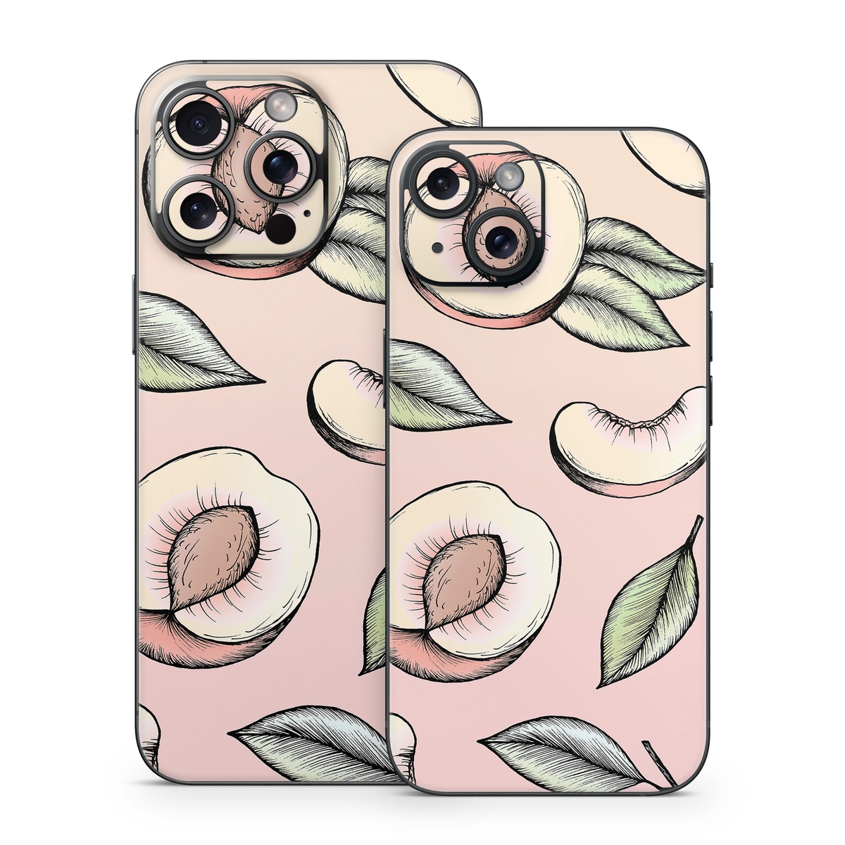 iPhone 15 Series Skin design of Pattern, Leaf, Botany, Organism, Design, Plant, Illustration, Clip art, with pink, green, yellow, orange colors