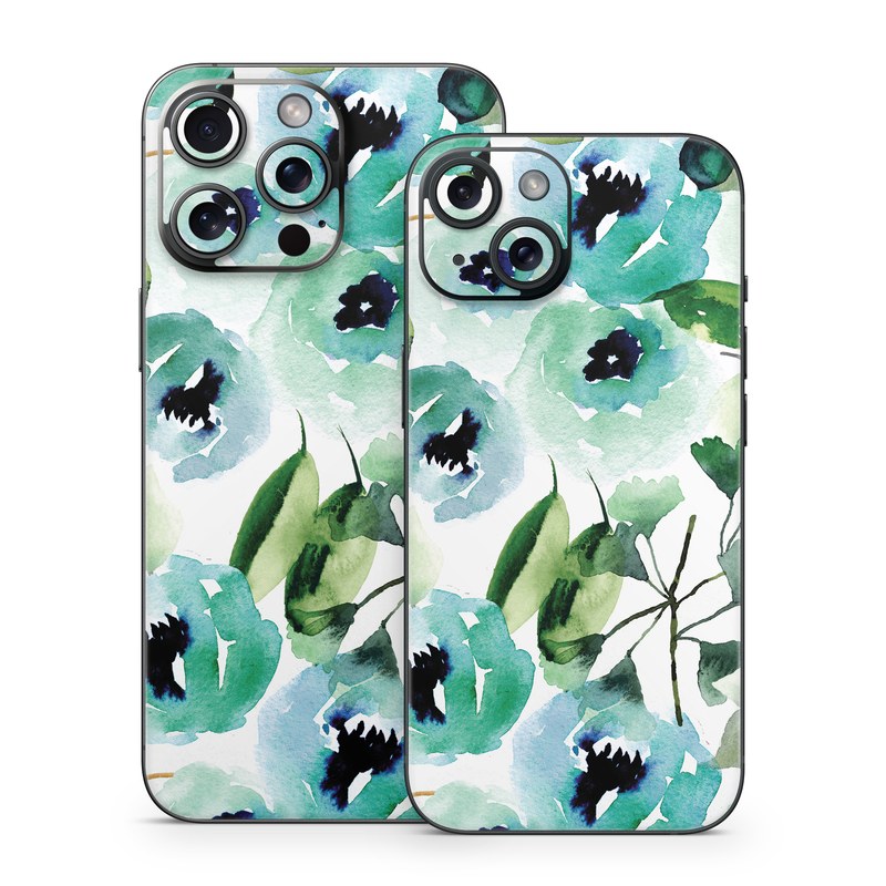 iPhone 15 Series Skin design of Green, Pattern, Leaf, Aqua, Plant, Design, Branch, Organism, Flower, Ivy, with white, green, blue, black colors