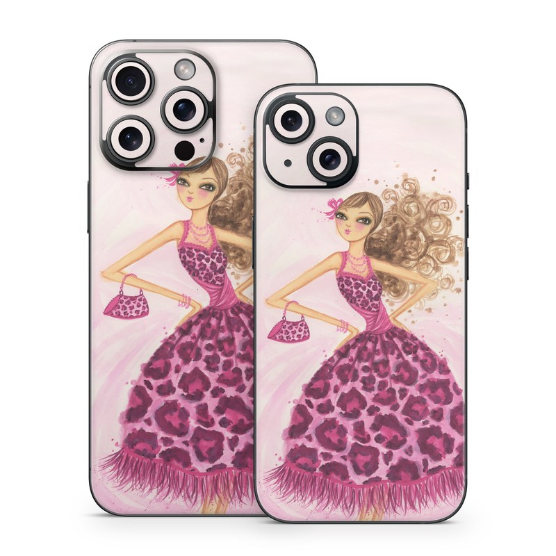 iPhone 15 Series Skin design of Pink, Doll, Dress, Fashion illustration, Barbie, Fashion design, Illustration, Gown, Costume design, Toy, with pink, gray, red, purple, green colors