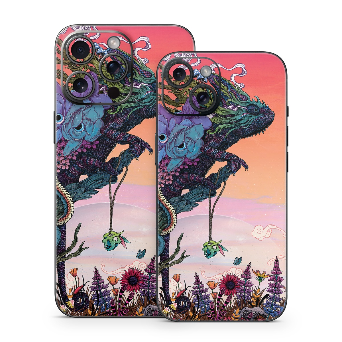 iPhone 15 Series Skin design of Illustration, Fictional character, Fiction, Art, Organism, Plant, Tree, Graphic design, Cg artwork, with red, orange, green, purple, white, blue, brown colors