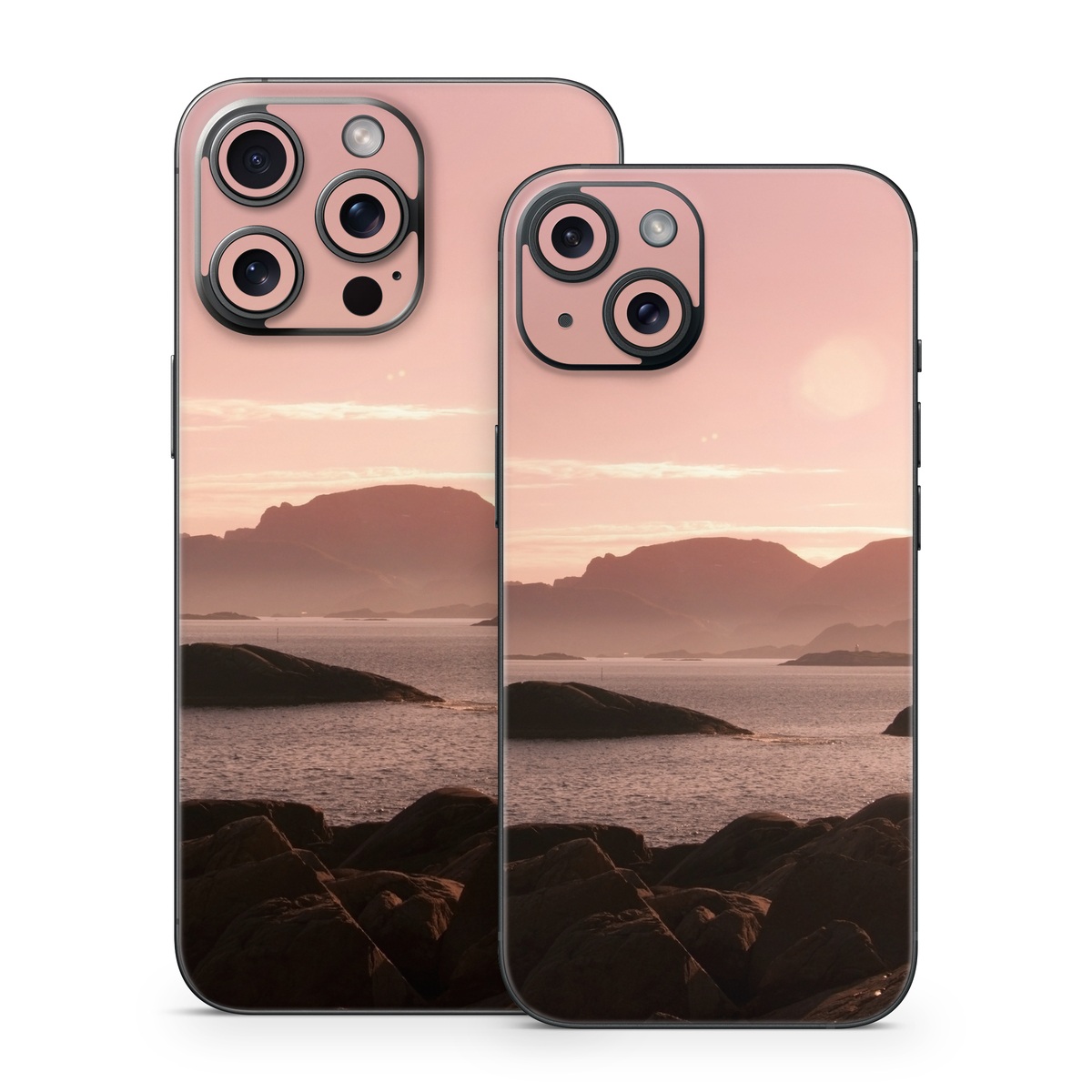 iPhone 15 Series Skin design of Sky, Nature, Sea, Atmospheric phenomenon, Horizon, Natural landscape, Coast, Cloud, Morning, Calm, with gray, black, red, pink, green colors