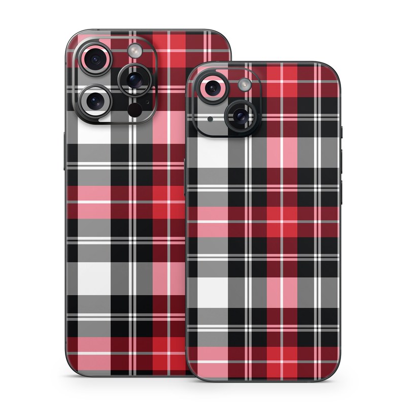 iPhone 15 Series Skin design of Plaid, Tartan, Pattern, Red, Textile, Design, Line, Pink, Magenta, Square, with black, gray, pink, red, white colors