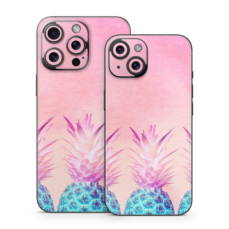 iPhone 15 Series Skin design of Pineapple, Ananas, Pink, Fruit, Plant, Bromeliaceae, Pattern, Poales, with pink, blue, orange colors