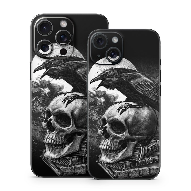 iPhone 15 Series Skin design of Bone, Skull, Bird, Darkness, Monochrome, Wing, Black-and-white, Illustration, Beak, Fictional Character, Drawing, Symbol, with black, white, gray colors