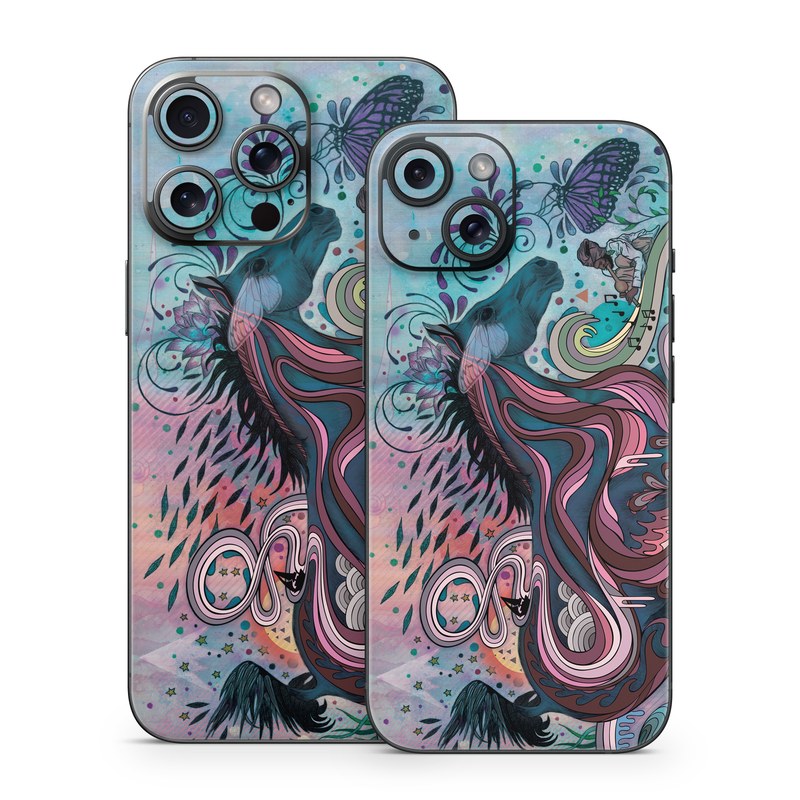 iPhone 15 Series Skin design of Illustration, Art, Visual arts, Graphic design, Fictional character, Psychedelic art, Pattern, Drawing, Painting, Mythology, with gray, black, blue, red, purple colors