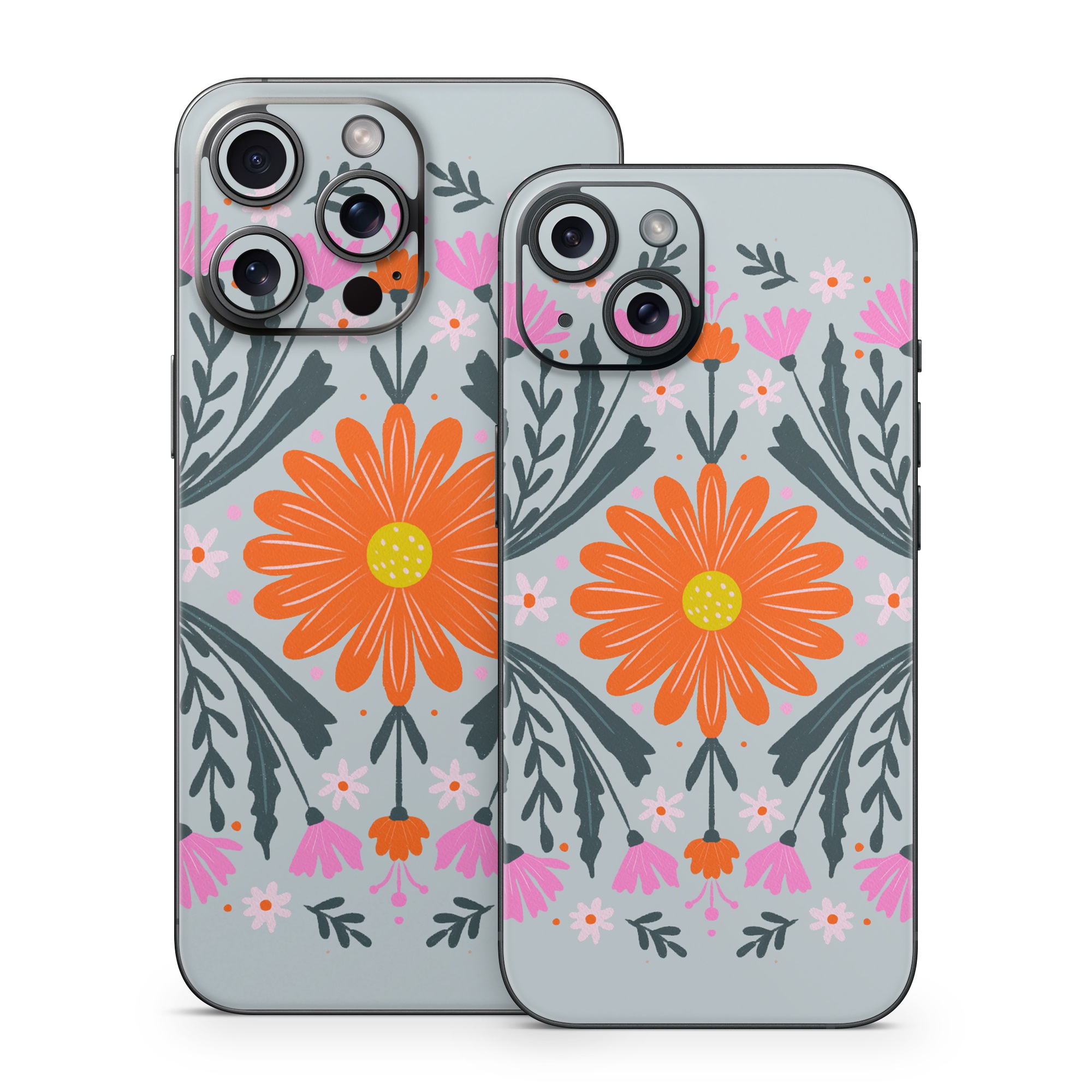 iPhone 15 Series Skin design of Petal, Gesture, Font, Flower, Pattern, Art, Creative arts, Floral design, Illustration, Flowering plant, with pink, orange, green, white colors