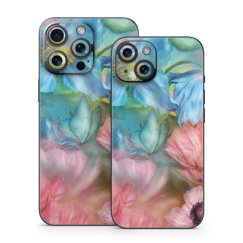 iPhone 15 Series Skin design of Flower, Petal, Watercolor paint, Painting, Plant, Flowering plant, Pink, Botany, Wildflower, Still life, with gray, blue, black, red, green colors