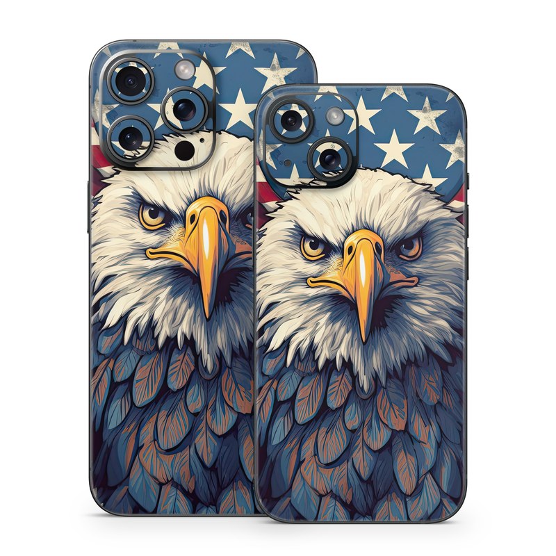 iPhone 15 Series Skin design of Bird, Accipitridae, Beak, Sea eagle, Falconiformes, Feather, Eagle, Painting, Art, Bald eagle, with red, blue, white, brown, yellow, gray, orange colors