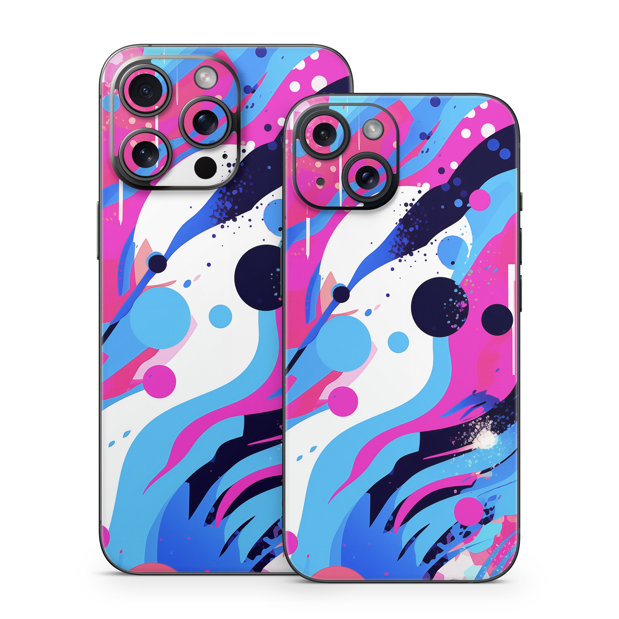iPhone 15 Series Skin design of Organism, Art, Line, Font, Magenta, Art paint, Paint, Pattern, Electric blue, Tints and shades, with pink, blue, white, black, orange colors