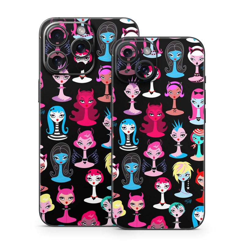 iPhone 15 Series Skin design of Facial expression, Product, Font, Pink, Red, Magenta, Material property, Pattern, Fictional character, Illustration, with black, pink, blue, brown, red, green, white, yellow colors