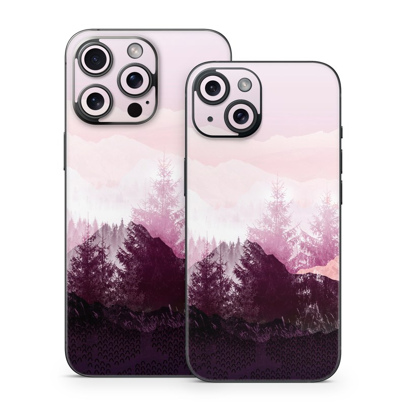iPhone 15 Series Skin design of Sky, Purple, Atmospheric phenomenon, Pink, Natural landscape, Violet, Mountain, Tree, Morning, Mountain range, with white, purple, black, pink colors