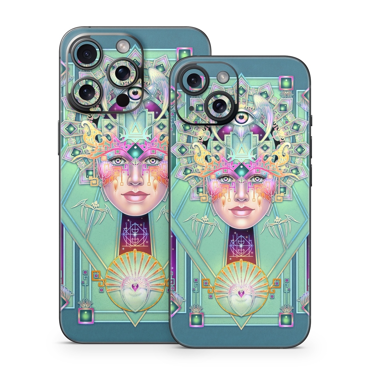 iPhone 15 Series Skin design of Head, Eye, Eyelash, Font, Art, Magenta, Rectangle, Painting, Illustration, Pattern, with blue, green, yellow, red, purple, white colors