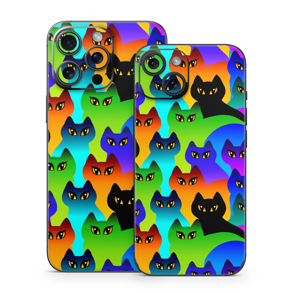 iPhone 15 Series Skin design of Black cat, Purple, Cat, Small to medium-sized cats, Pattern, Design, Felidae, Illustration, Art, with black, blue, green, purple colors