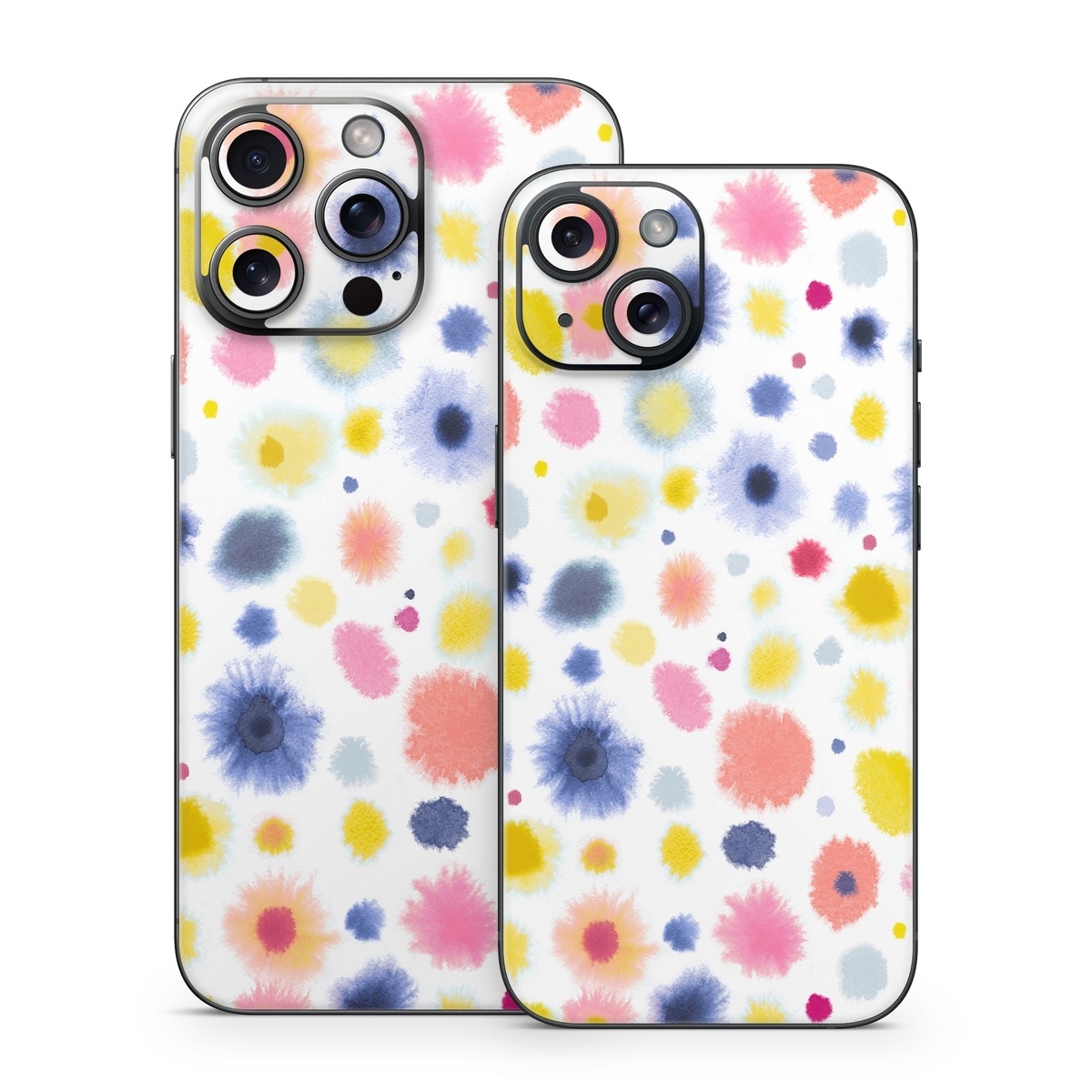 iPhone 15 Series Skin design of Material property, Circle, Pattern, Design, Magenta, Electric blue, Font, Flowering plant, Painting, with white, pink, orange, blue, yellow, gray colors