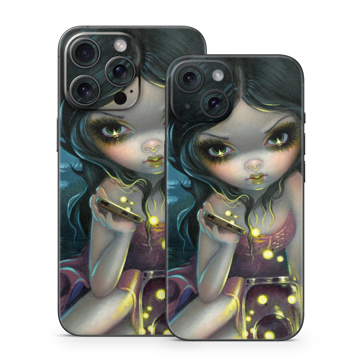 iPhone 15 Series Skin design of Cg artwork, Illustration, Fictional character, Art, Iris, Black hair, Fawn, Mythology, Fiction, with blue, green, pink, yellow, black, white colors