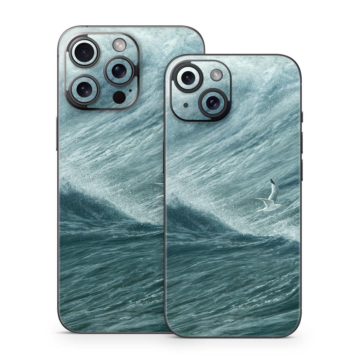 iPhone 15 Series Skin design of Wave, Wind wave, Tide, Sea, Ocean, Water, Sky, Wind, Tsunami, Surfing, with blue, white colors
