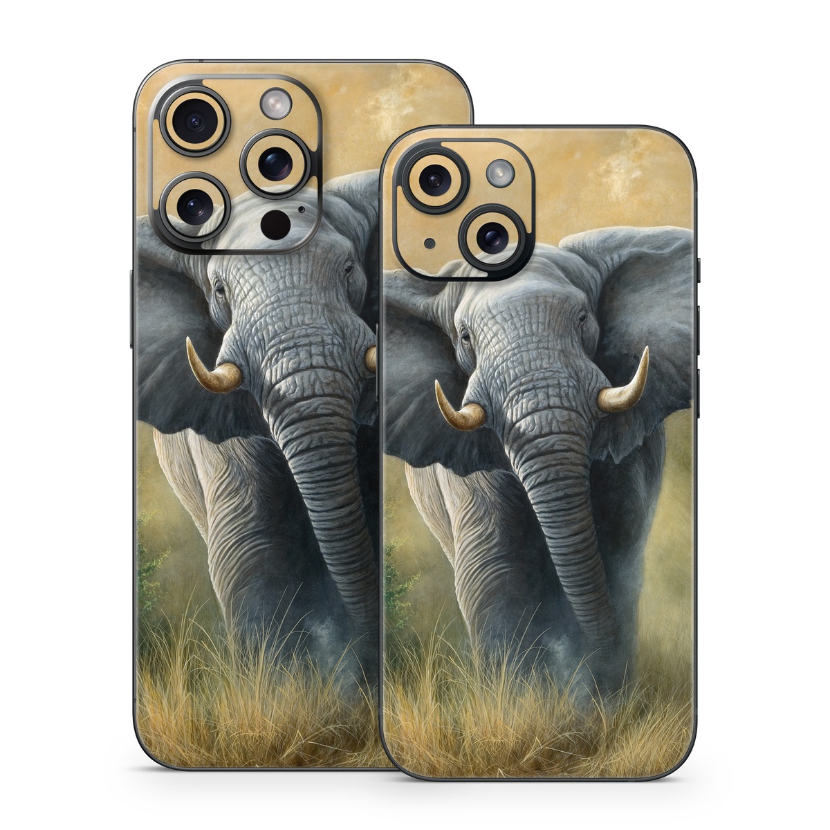 iPhone 15 Series Skin design of Terrestrial animal, Elephants and Mammoths, Vertebrate, Wildlife, Mammal, African elephant, Indian elephant, Grassland, Working animal, Tusk, with gray, white, green, brown, yellow, orange colors