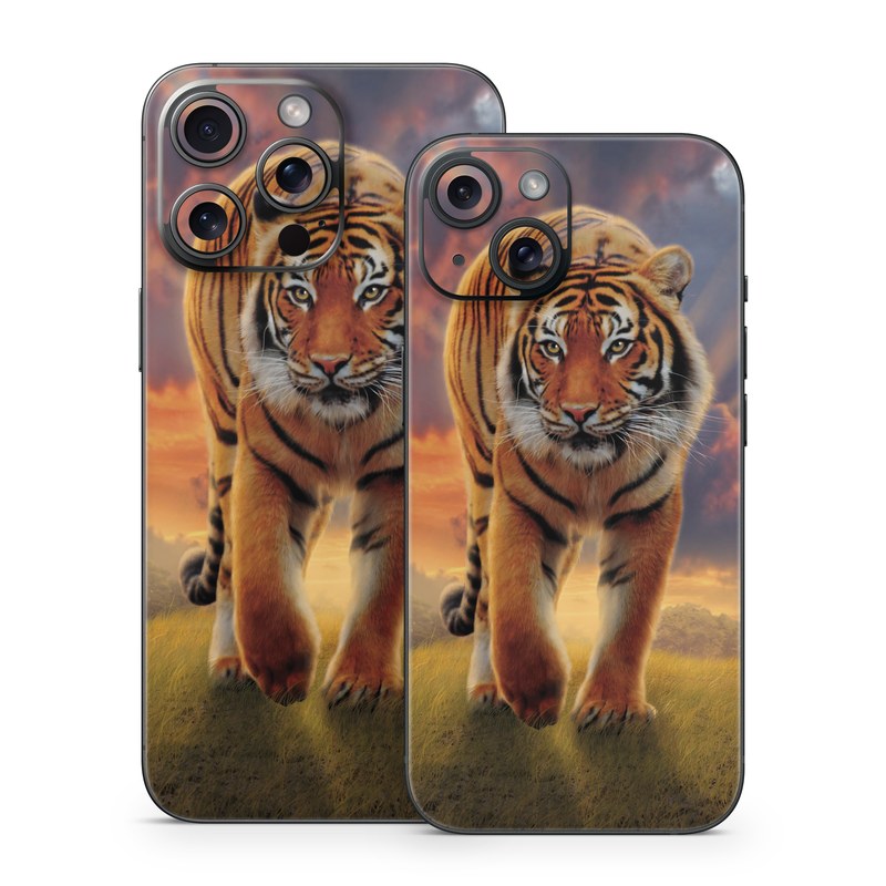 iPhone 15 Series Skin design of Tiger, Wildlife, Bengal tiger, Mammal, Felidae, Siberian tiger, Sky, Big cats, Terrestrial animal, Carnivore, with black, white, yellow, red, green, blue colors
