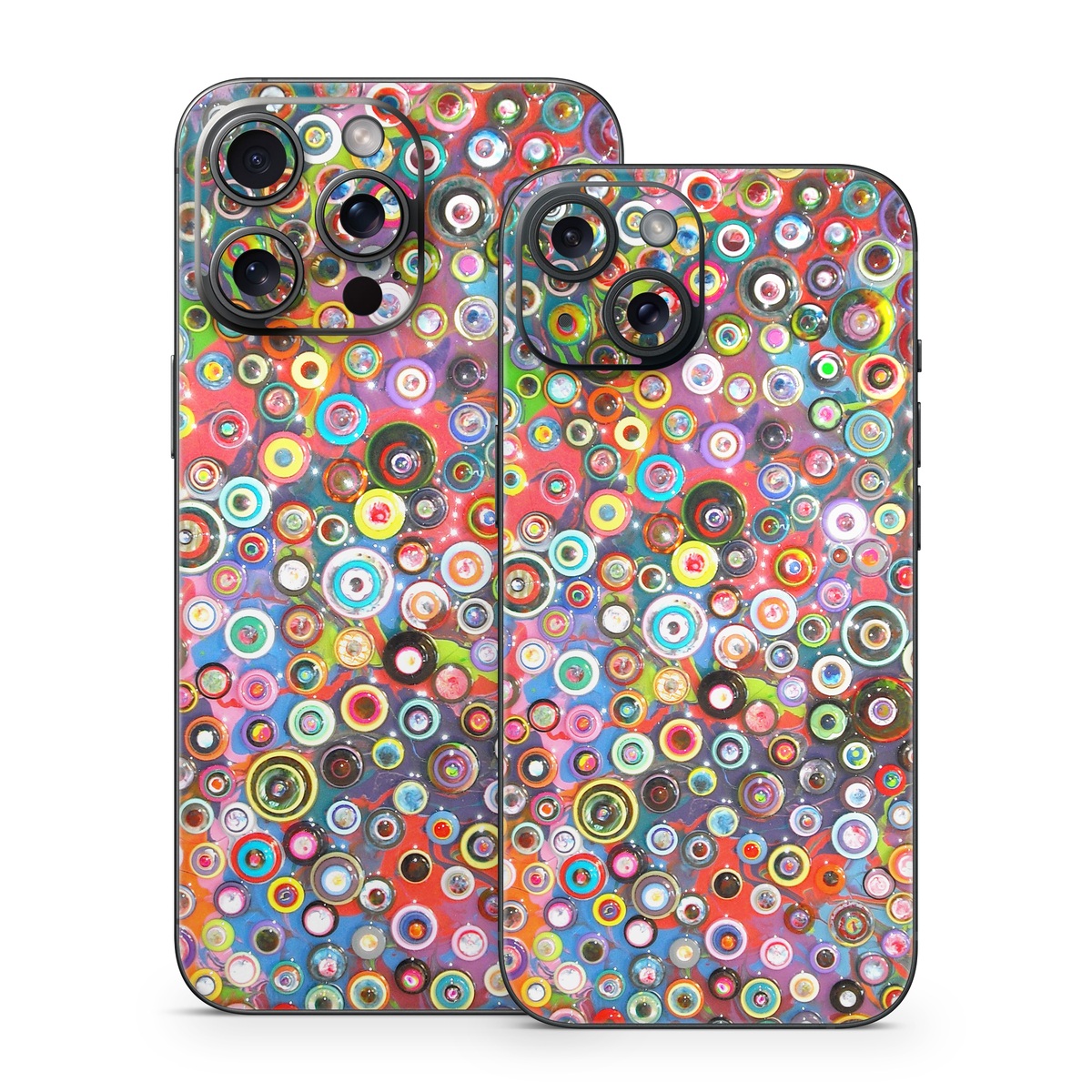 iPhone 15 Series Skin design of Pattern, Design, Textile, Visual arts, Circle, Art, with red, pink, blue, green, yellow, blue, orange colors