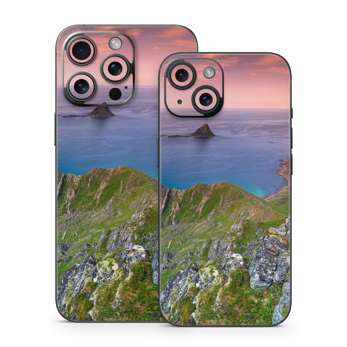 iPhone 15 Series Skin design of Body of water, Nature, Sky, Coast, Sea, Headland, Natural landscape, Promontory, Coastal and oceanic landforms, Cliff, with red, orange, green, blue, yellow colors