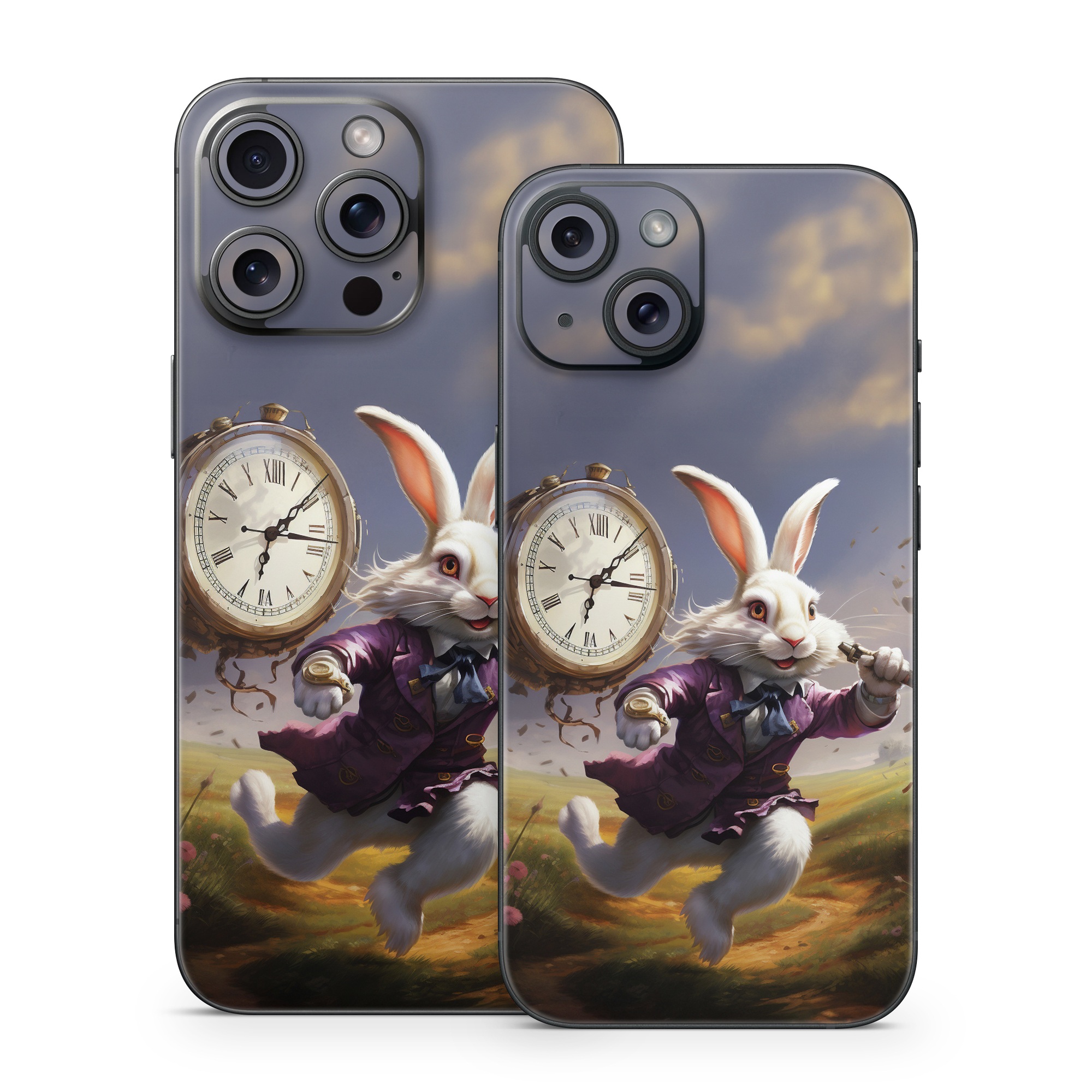 iPhone 15 Series Skin design of Sky, Plant, Nature, Cartoon, Rabbit, Cloud, Clock, Happy, Fawn, Art, with white, gray, purple, blue, green, pink, brown colors