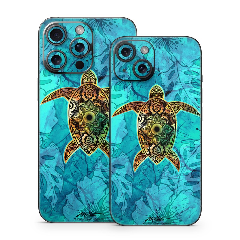 iPhone 15 Series Skin design of Sea turtle, Green sea turtle, Turtle, Hawksbill sea turtle, Tortoise, Reptile, Loggerhead sea turtle, Illustration, Art, Pattern, with blue, black, green, gray, red colors