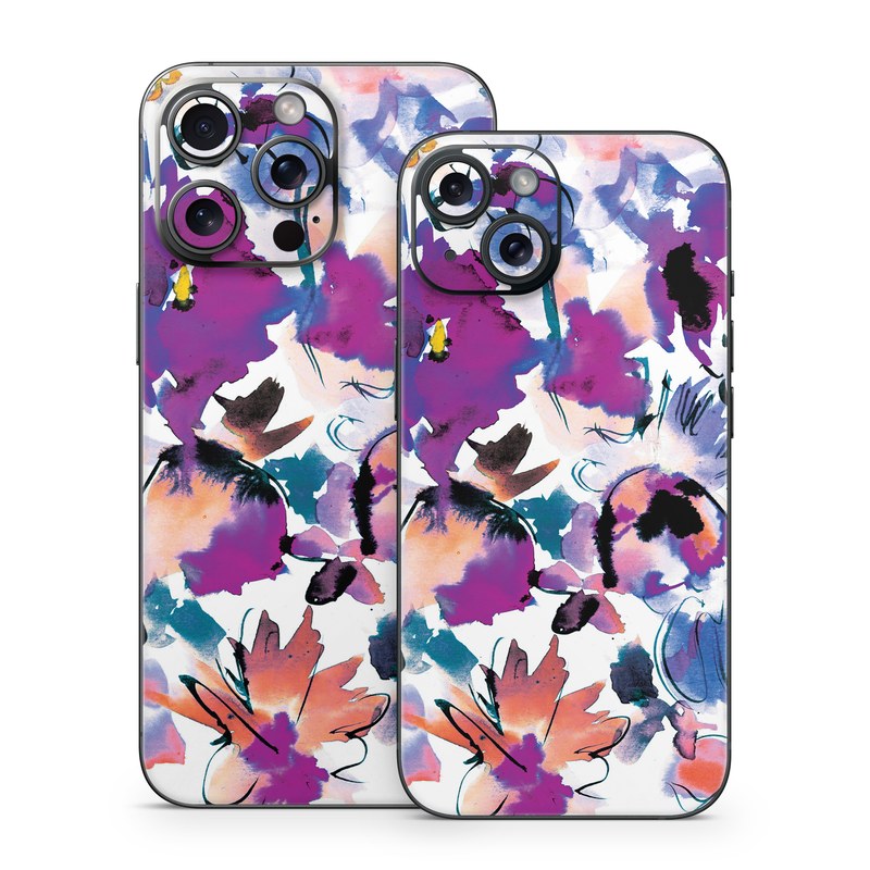 iPhone 15 Series Skin design of Product, Purple, Illustration, Graphic design, Plant, Clip art, Flower, Graphics, Wildflower, Watercolor paint, with white, purple, pink, yellow, blue, black colors