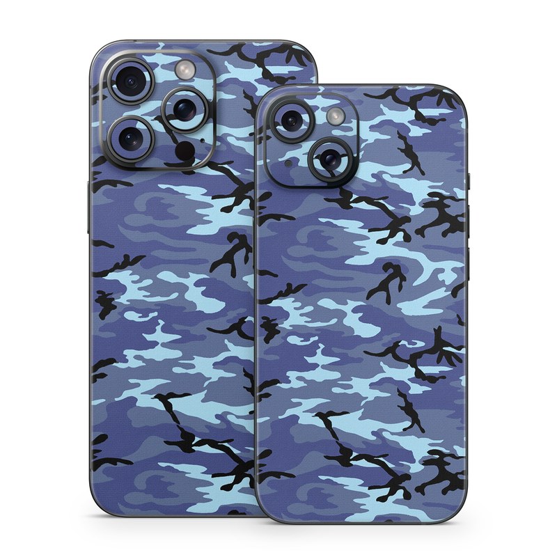 iPhone 15 Series Skin design of Military camouflage, Pattern, Blue, Aqua, Teal, Design, Camouflage, Textile, Uniform, with blue, black, gray, purple colors