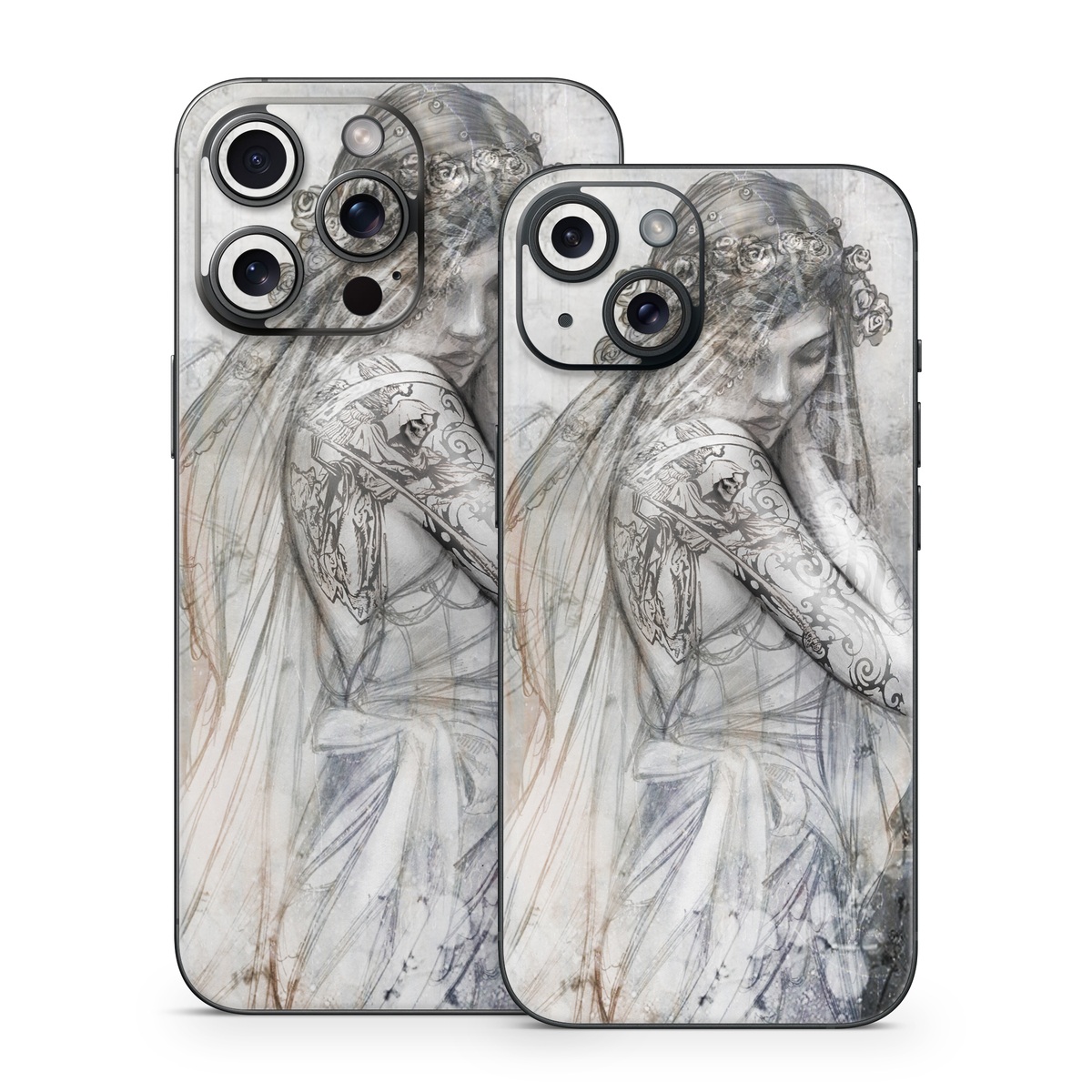 iPhone 15 Series Skin design of Lady, Art, Illustration, Drawing, Painting, Sketch, Mythology, Figure drawing, Long hair, Visual arts, with white, gray, black colors