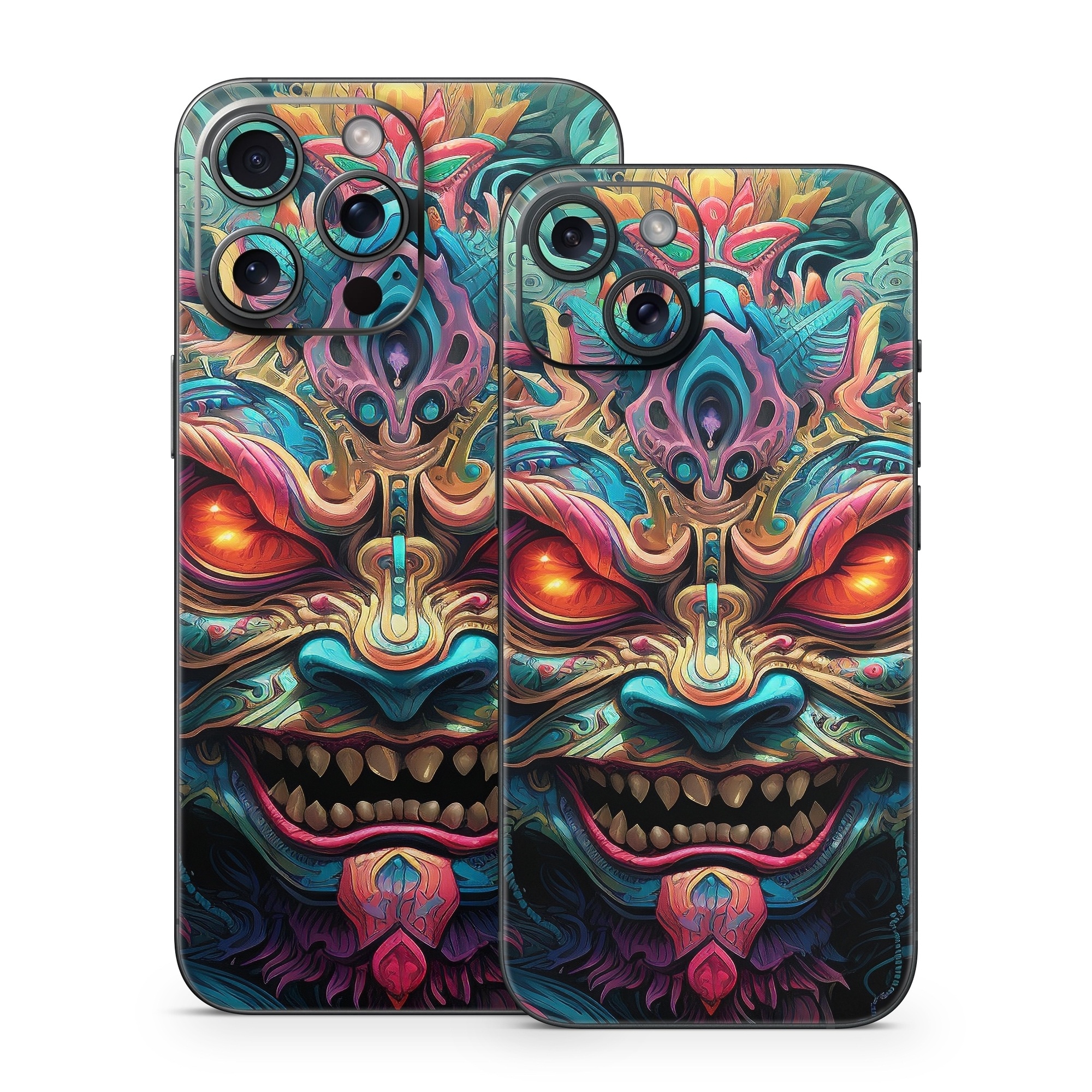 iPhone 15 Series Skin design of Head, Eye, Human body, Art, Painting, Symmetry, Pattern, Paint, Magenta, Visual arts, with green, blue, yellow, orange, red, white, purple, black, gray colors