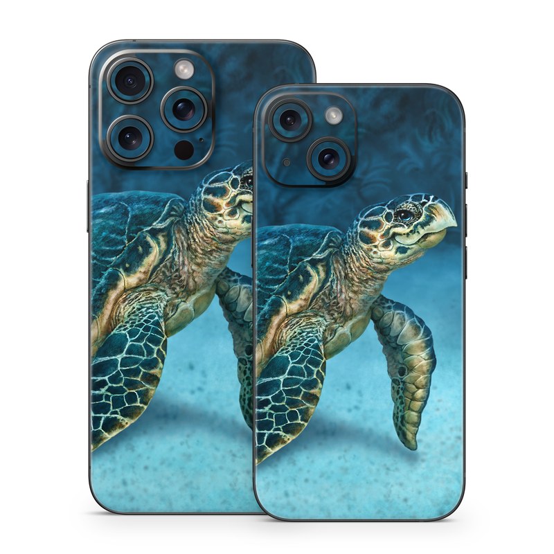 iPhone 15 Series Skin design of Water, Nature, Organism, Reptile, Turtle, Hawksbill sea turtle, Underwater, Wildlife, Sea turtle, Reef, with green, gray, blue, white colors