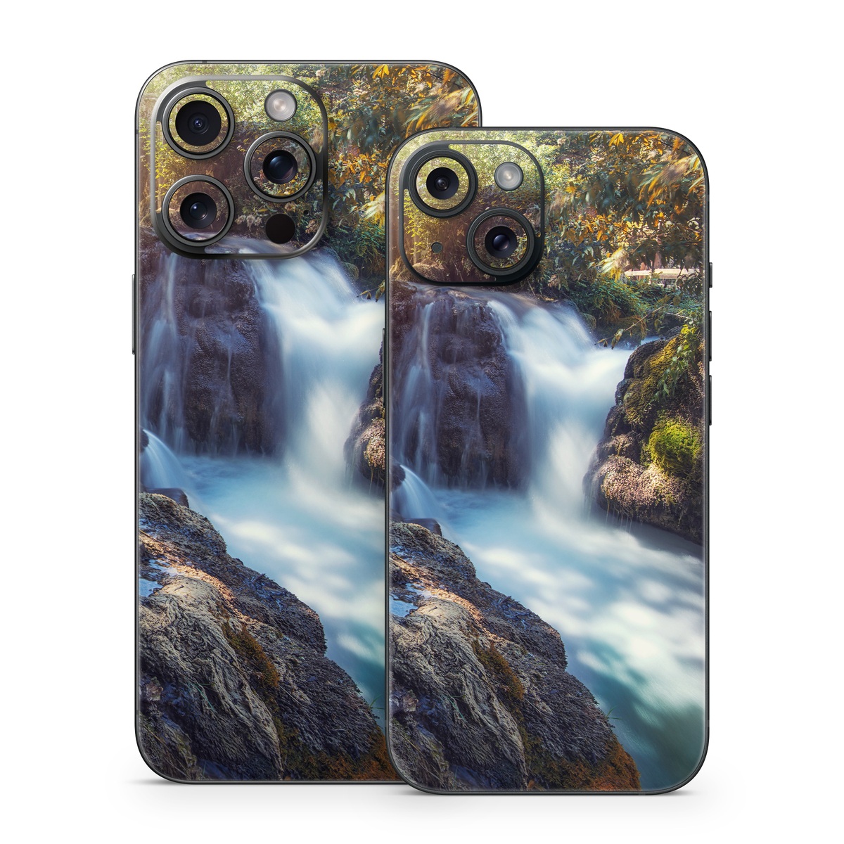 iPhone 15 Series Skin design of Waterfall, Natural landscape, Body of water, Nature, Water resources, Water, Watercourse, Stream, Nature reserve, Rock, with gray, yellow, orange, green, white, blue colors