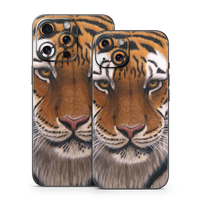 iPhone 15 Series Skin design of Tiger, Mammal, Wildlife, Terrestrial animal, Vertebrate, Bengal tiger, Whiskers, Siberian tiger, Felidae, Snout, with black, gray, red, green, pink colors