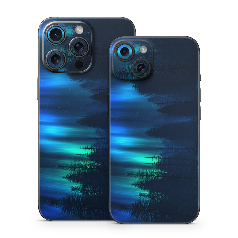 iPhone 15 Series Skin design of Blue, Light, Natural environment, Tree, Sky, Forest, Darkness, Aurora, Night, Electric blue, with black, blue colors