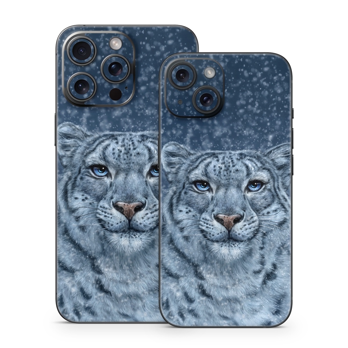iPhone 15 Series Skin design of Snow, Carnivore, Felidae, Whiskers, Terrestrial animal, Snout, Big cats, Painting, Fur, Illustration, with white, black, blue, gray colors