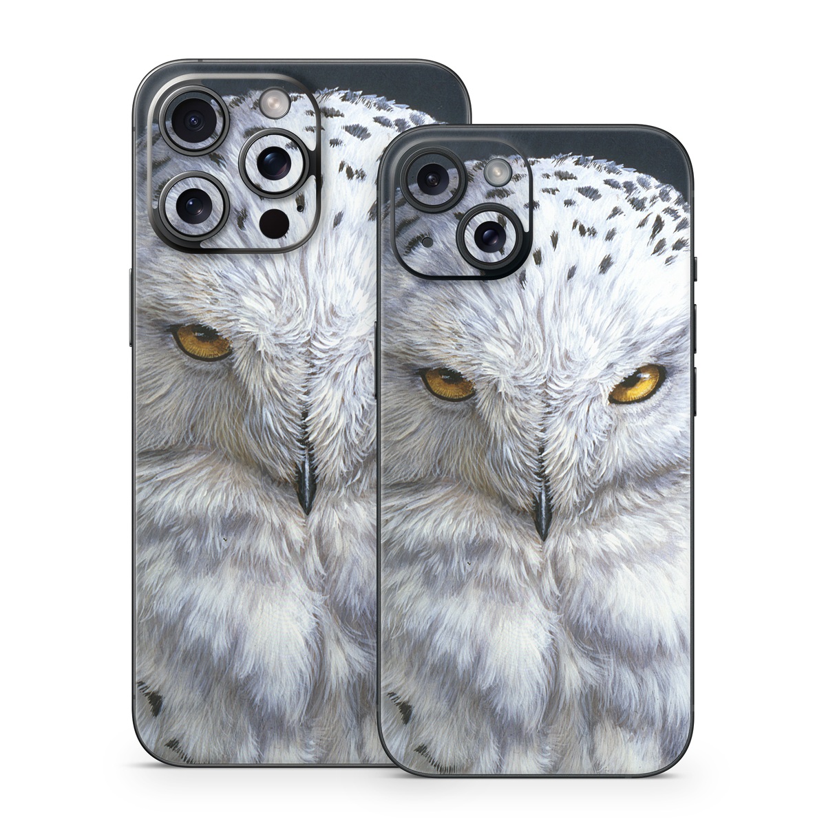 iPhone 15 Series Skin design of Owl, Bird, Bird of prey, Snowy owl, great grey owl, Close-up, Eye, Snout, Wildlife, Eastern Screech owl, with gray, white, black, blue, purple colors