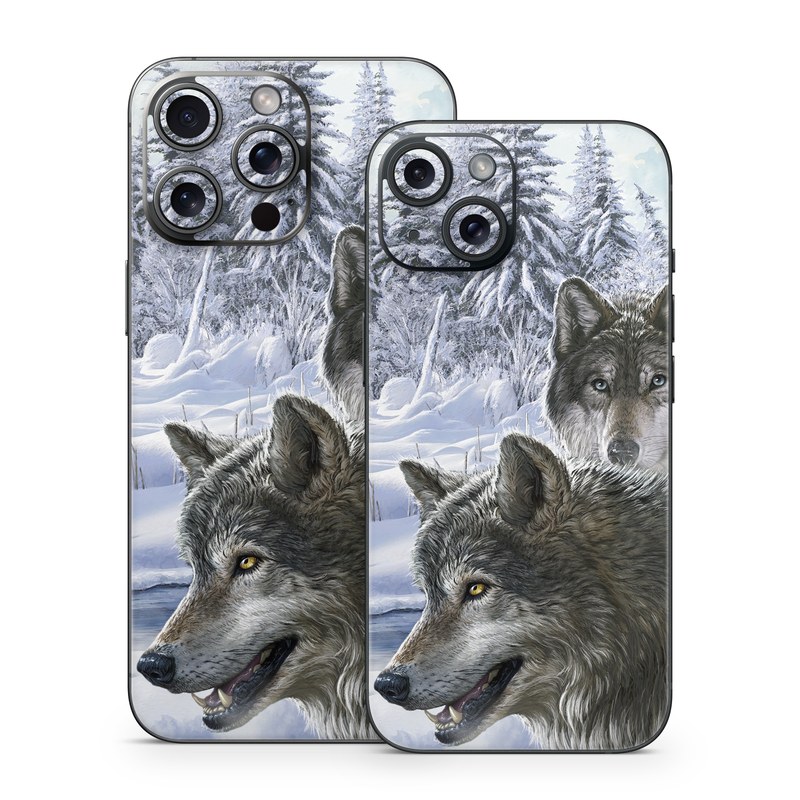 iPhone 15 Series Skin design of Mammal, Vertebrate, Wolf, Canidae, canis lupus tundrarum, Canis, Wildlife, Carnivore, Wolfdog, Dog, with gray, black, blue, purple colors