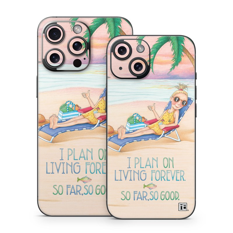 iPhone 15 Series Skin design of Vacation, Product, Summer, Aqua, Illustration, Sun tanning, Fictional character, Caribbean, Graphics, Happy, with pink, green, brown, yellow, blue, white, red colors