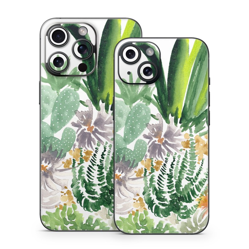 iPhone 15 Series Skin design of Cactus, Plant, Flower, Botany, Leaf, Illustration, Pine, Grass, Succulent plant, Branch, with white, green, red, orange colors