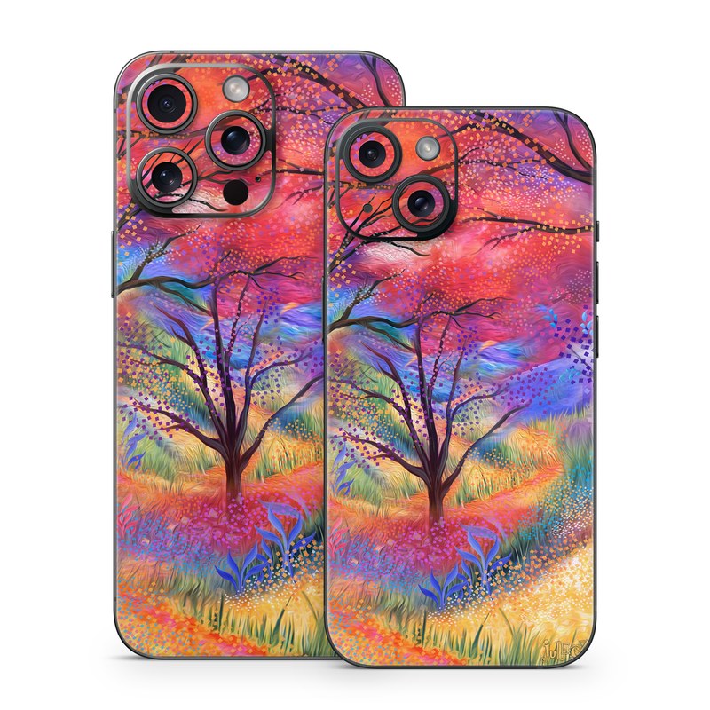 iPhone 15 Series Skin design of Plant, Art paint, Paint, Botany, Natural environment, Natural landscape, Leaf, Branch, People in nature, Tree, with red, blue, yellow, green, purple, orange, black, white colors