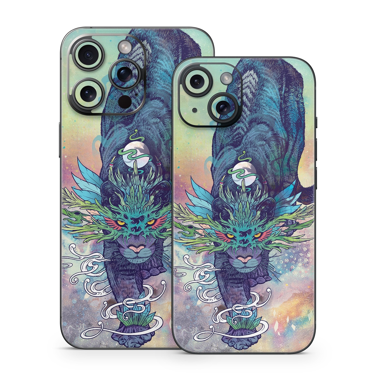 iPhone 15 Series Skin design of Illustration, Fictional character, Graphic design, Demon, Art, Fiction, Cg artwork, Supernatural creature, with blue, green, black, white, yellow, orange, pink, purple colors