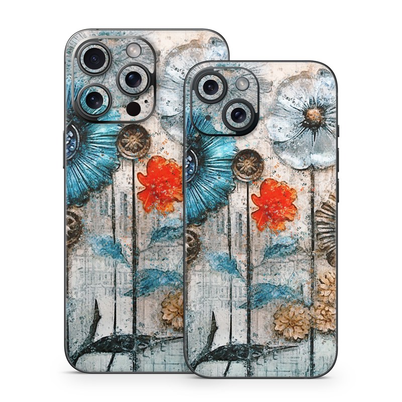 iPhone 15 Series Skin design of Plant, Blue, Petal, Textile, Paint, Flower, Art, Creative arts, Pattern, Rectangle, with white, brown, black, yellow, blue, red, gray colors
