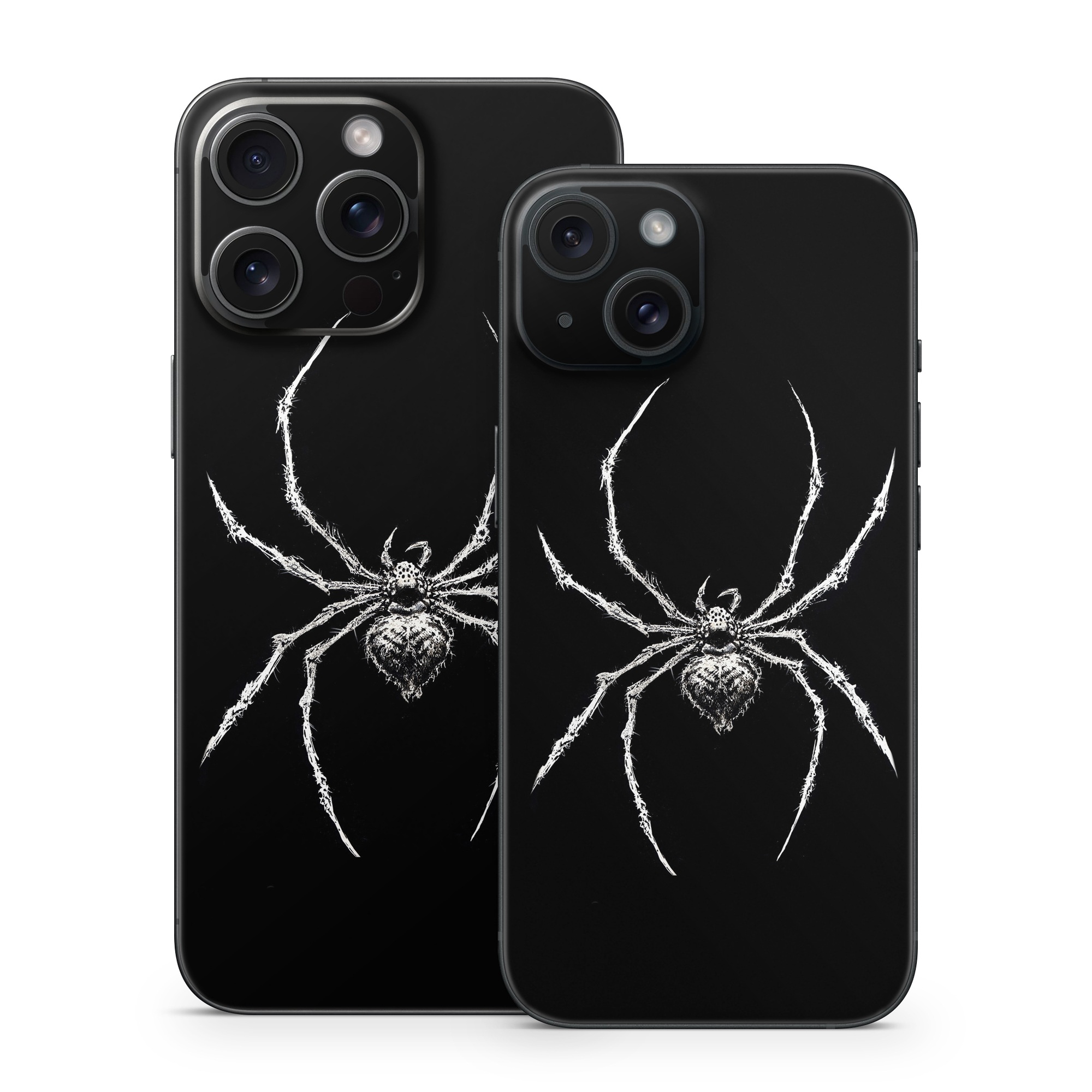 iPhone 15 Series Skin design of Arthropod, Spider, Insect, Spider web, Terrestrial animal, Arachnid, Invertebrate, Tangle-web spider, Symmetry, Terrestrial plant, with black, white, gray colors