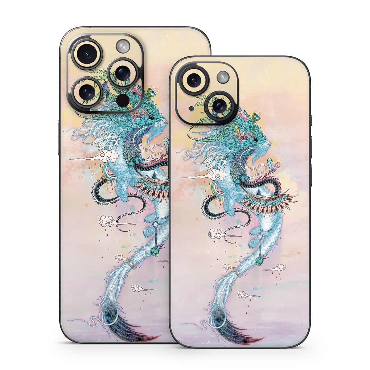 iPhone 15 Series Skin design of Illustration, Water, Watercolor paint, Art, Fictional character, Graphic design, Mythology, Visual arts, Painting, Drawing, with yellow, pink, blue, green colors