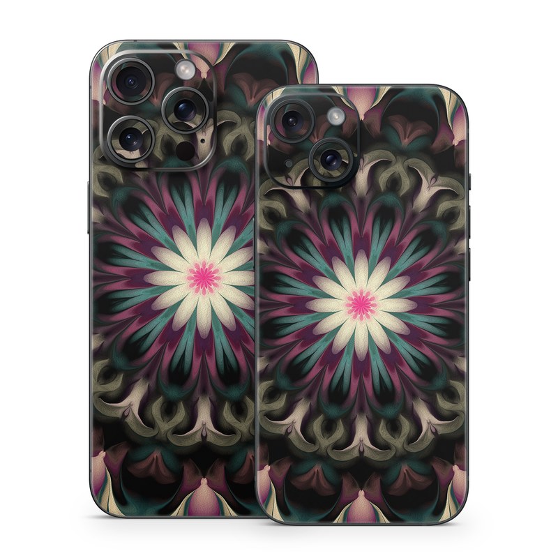 iPhone 15 Series Skin design of Fractal art, Pattern, Pink, Psychedelic art, Art, Kaleidoscope, Design, Symmetry, Visual arts, Textile, with black, purple, white, green, blue colors