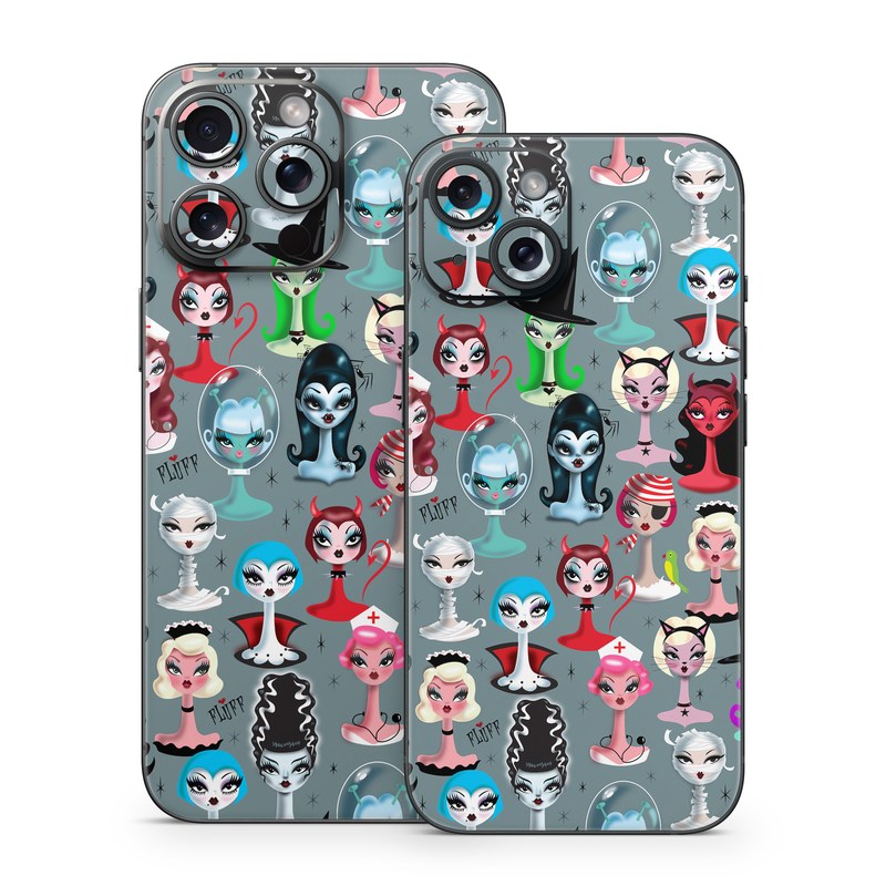 iPhone 15 Series Skin design of Facial expression, Head, Design, Collection, Fictional character, Pattern, Skull, Illustration, Collage, Style, with gray, white, red, blue, green, black, pink, purple colors